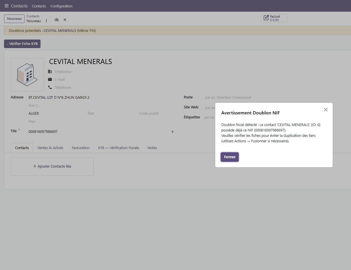 Prévention des doublons fiscaux NIF dans Odoo